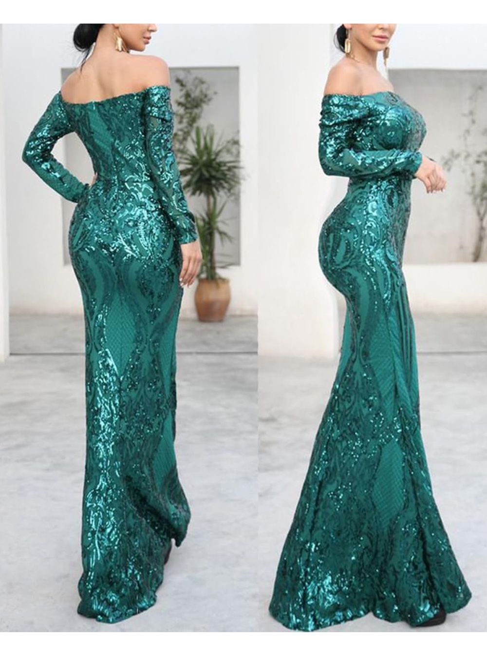 Off-Shoulder Teal Sequin Long-Sleeve Gown